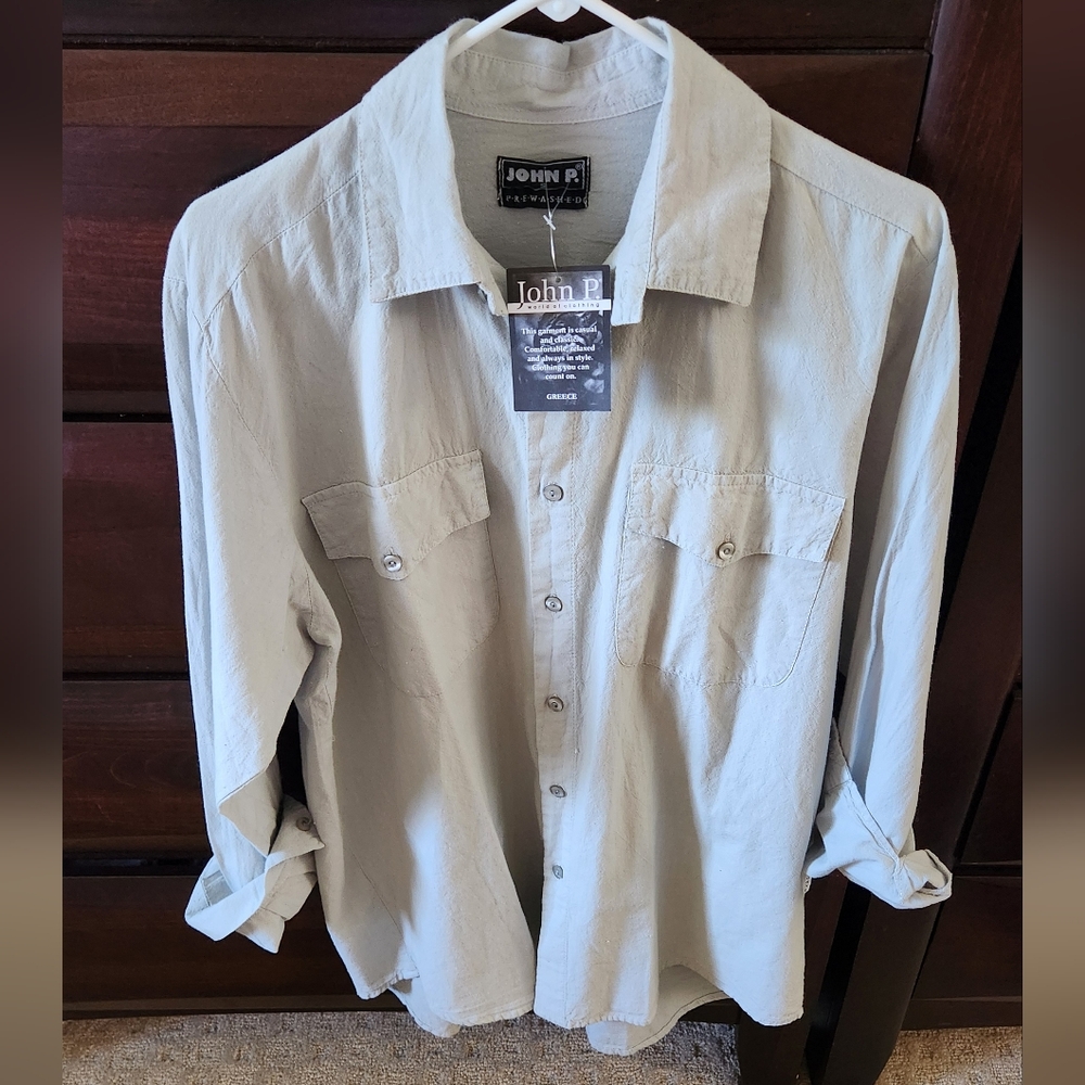 NWT John P 100% BAMBAKI cotton Button Down Long Sleeve Shirt Pale Green